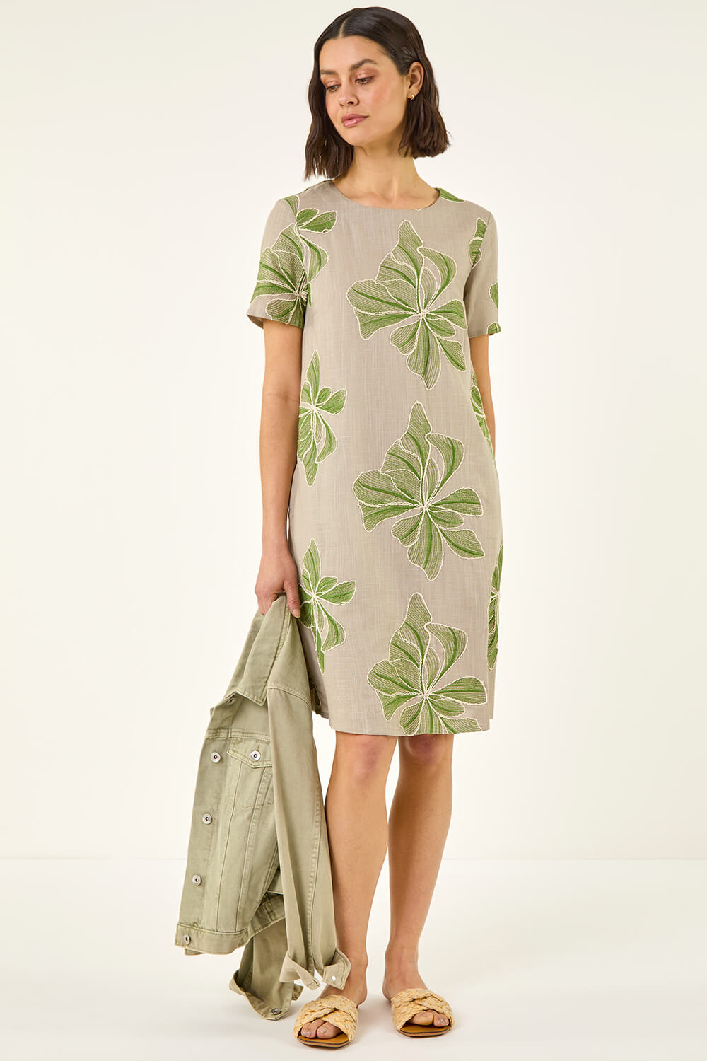 Green Embroidered Floral Shift Dress | Roman UK
