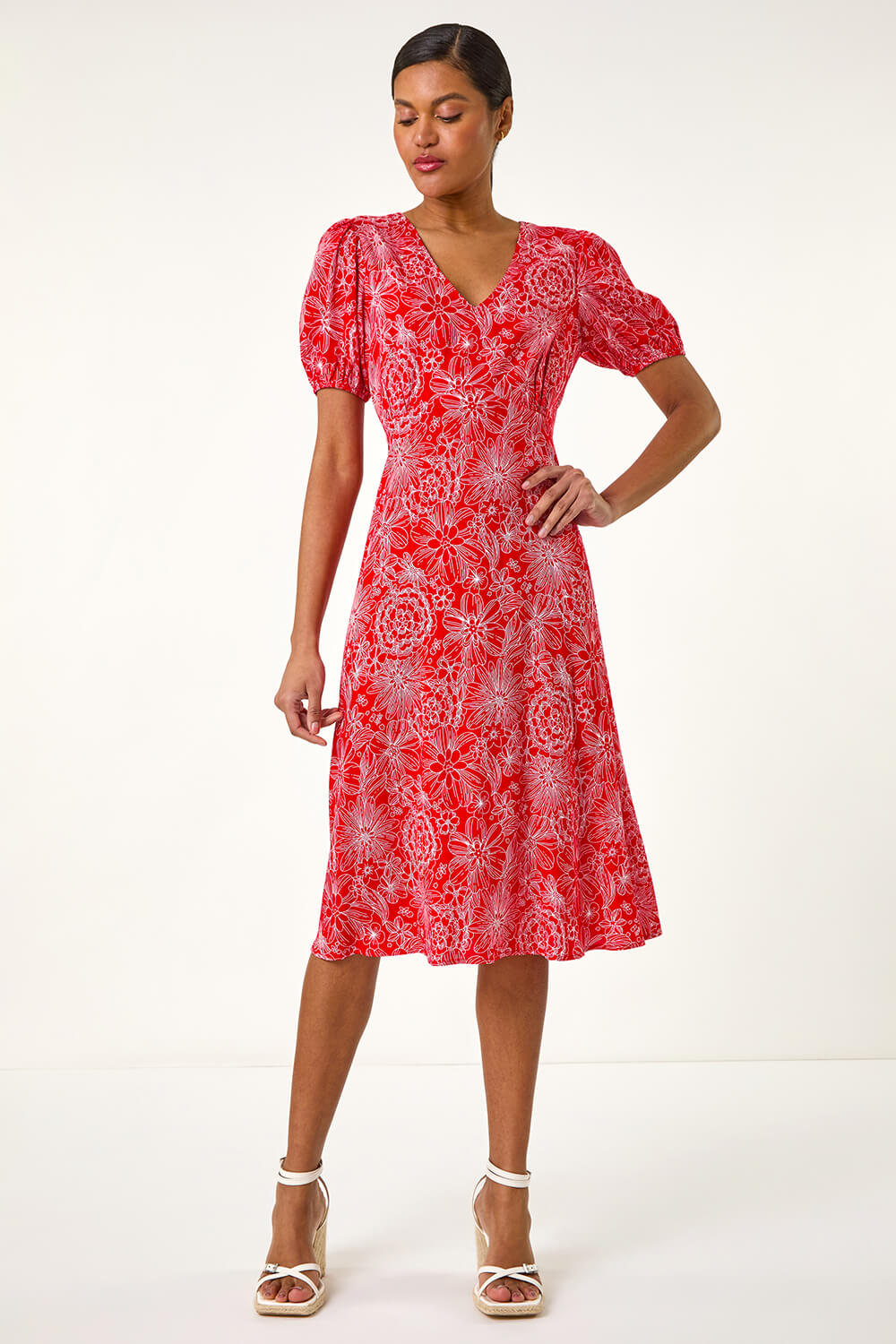 Red Floral Midi Tea Dress, Image 3 of 5