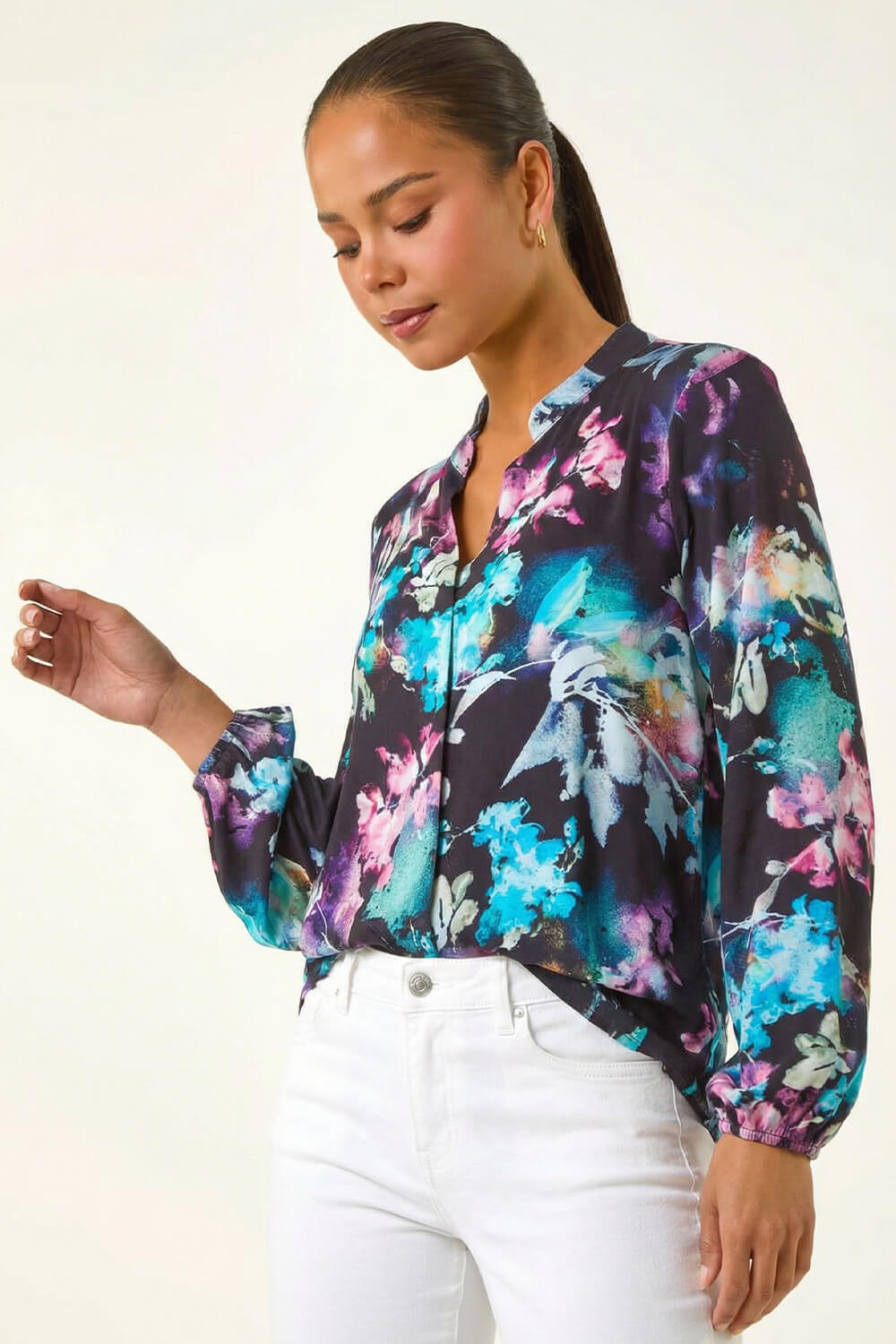 Navy Petite Floral Button Up Blouse, Image 5 of 5