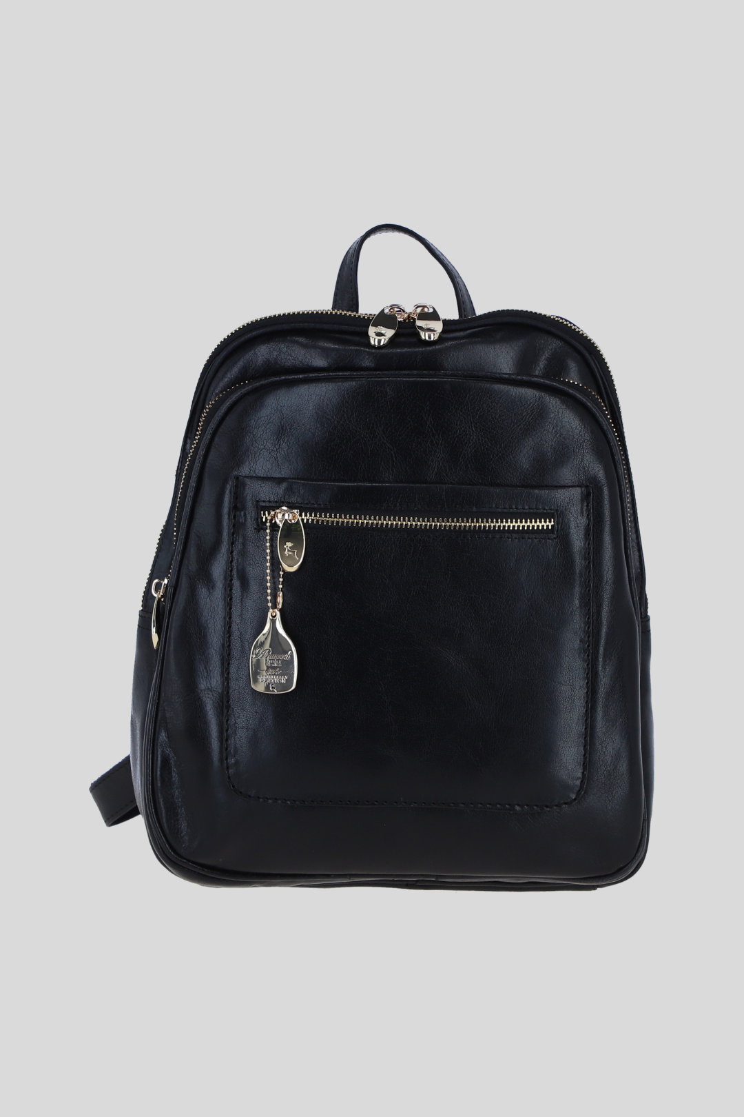 Black Real Leather Backpack with Multiple Pockets and Gold-Tone Hardware, Image 1 of 4