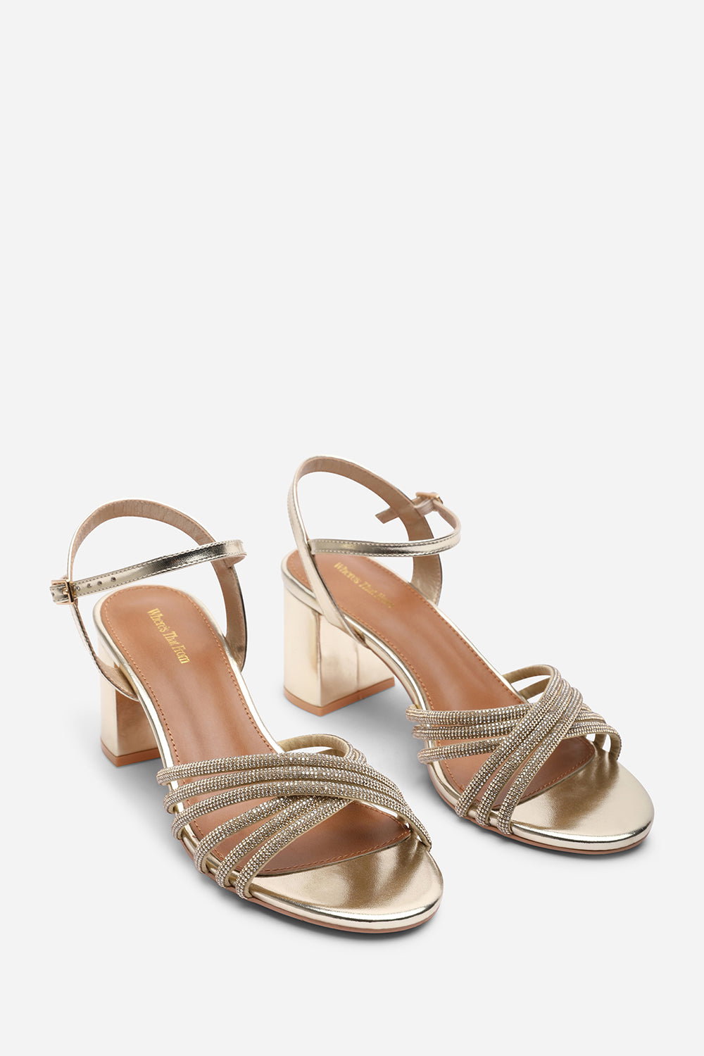 Gold Bellini Cross Over Diamante Strap Block Heel Sandals, Image 4 of 6
