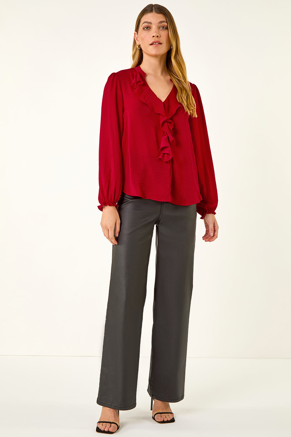 Red Satin Ruffle Neck Blouse, Image 3 of 5
