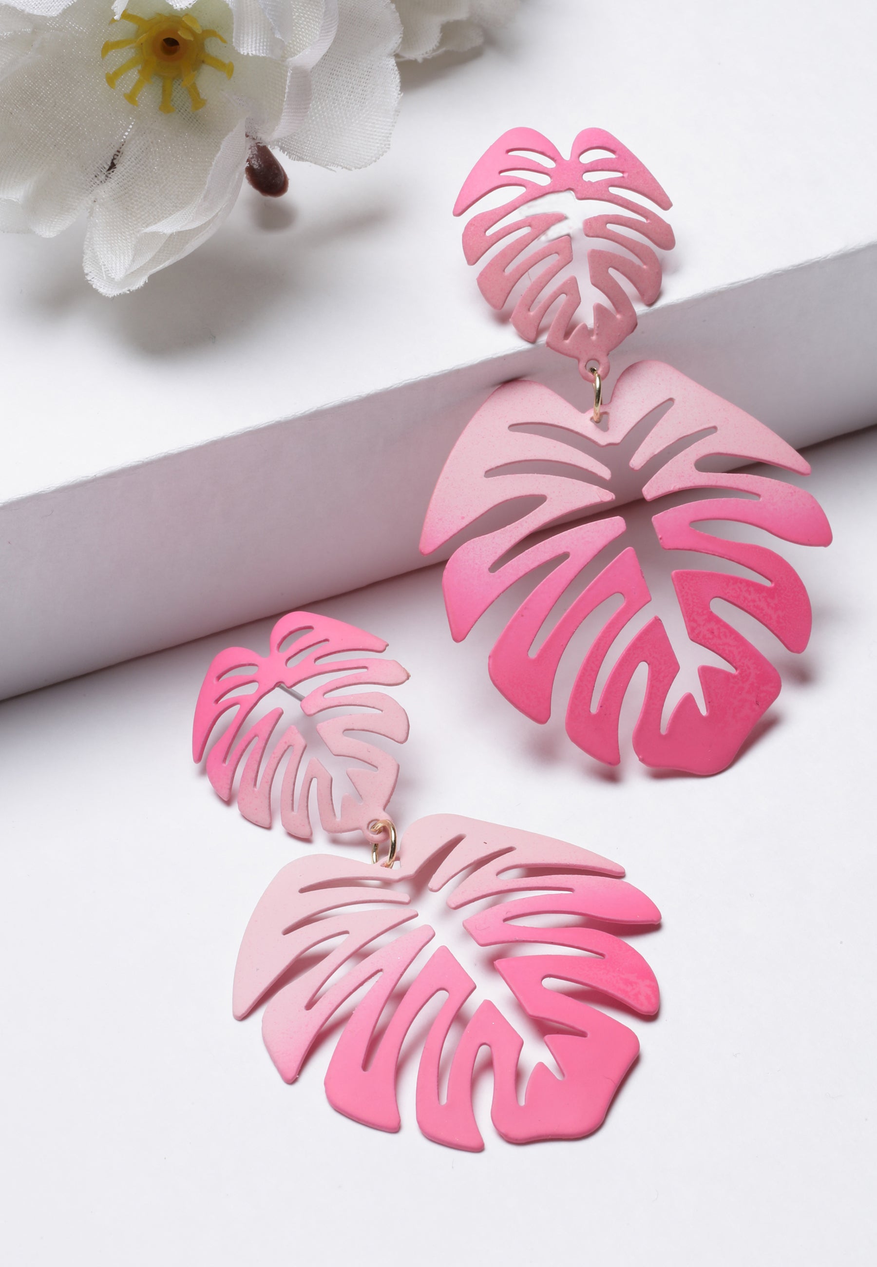 Pink AVANT-GARDE PARIS Pink Green Palm Leaf Dangle Earrings, Image 2 of 5