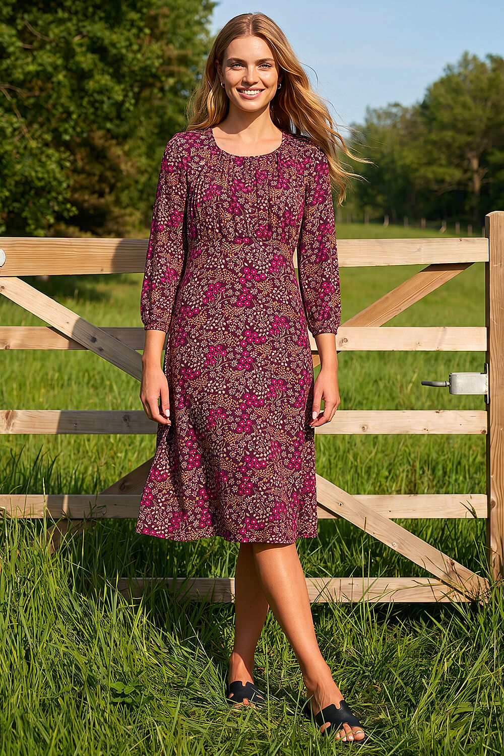 Wine Square Neck Ditsy Dress, Image 3 of 3