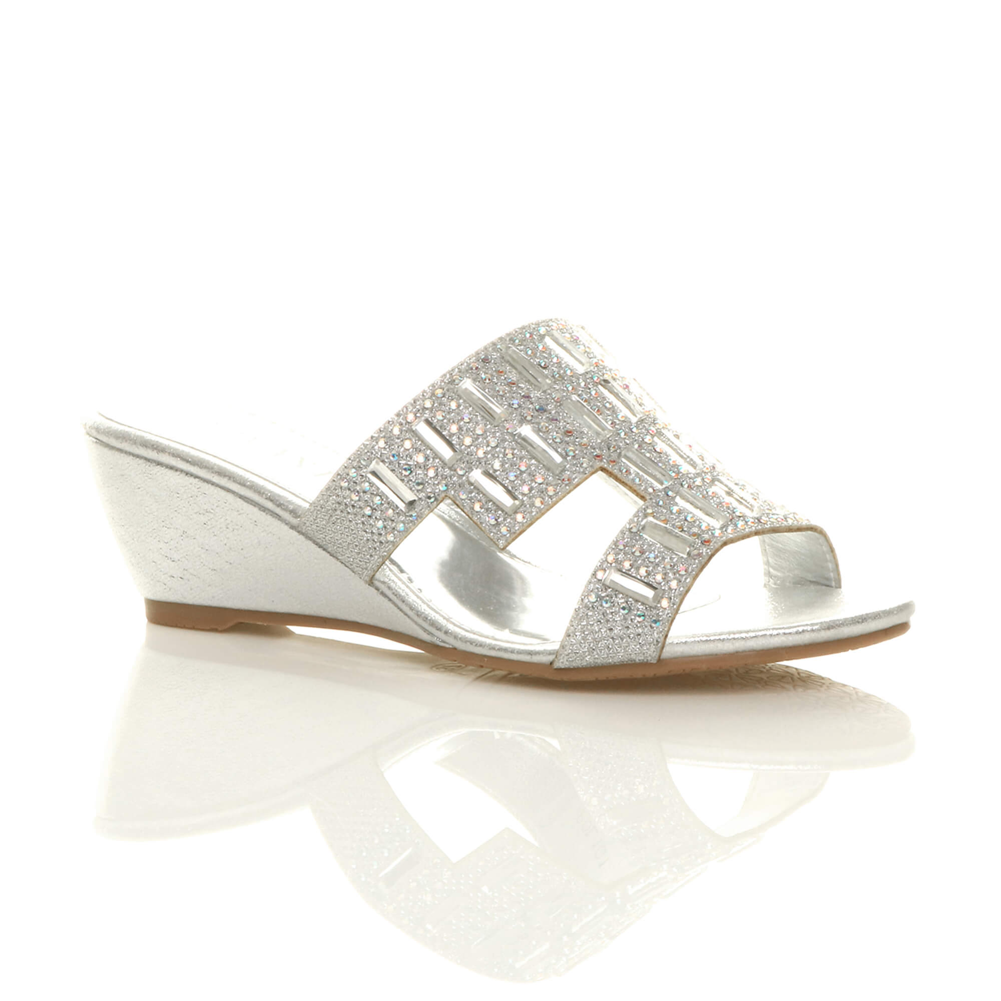 Silver AJVANI Silver Low Wedge Heel Diamante Sandals Mules, Image 1 of 6