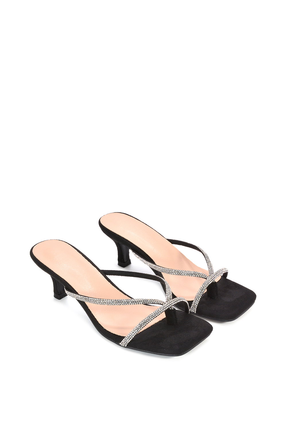 Black XY LONDON Black 'Megan' Toe Post Heeled Mules With Crystal Details, Image 6 of 6