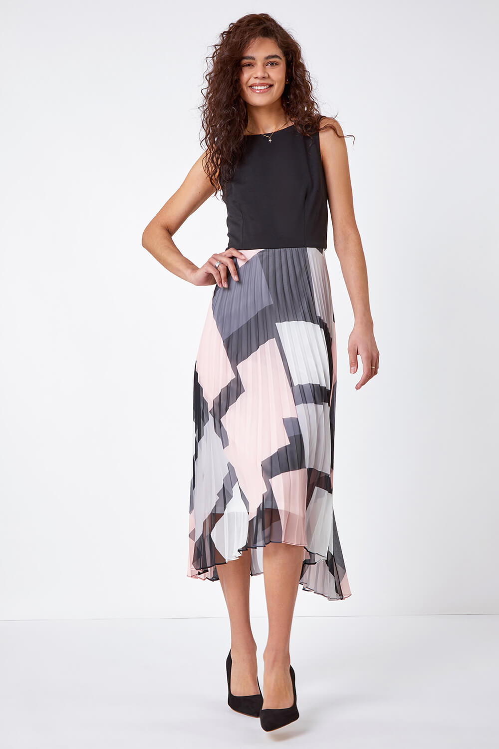 Black Fit and Flare Pleated Chiffon Midi Dress, Image 3 of 5