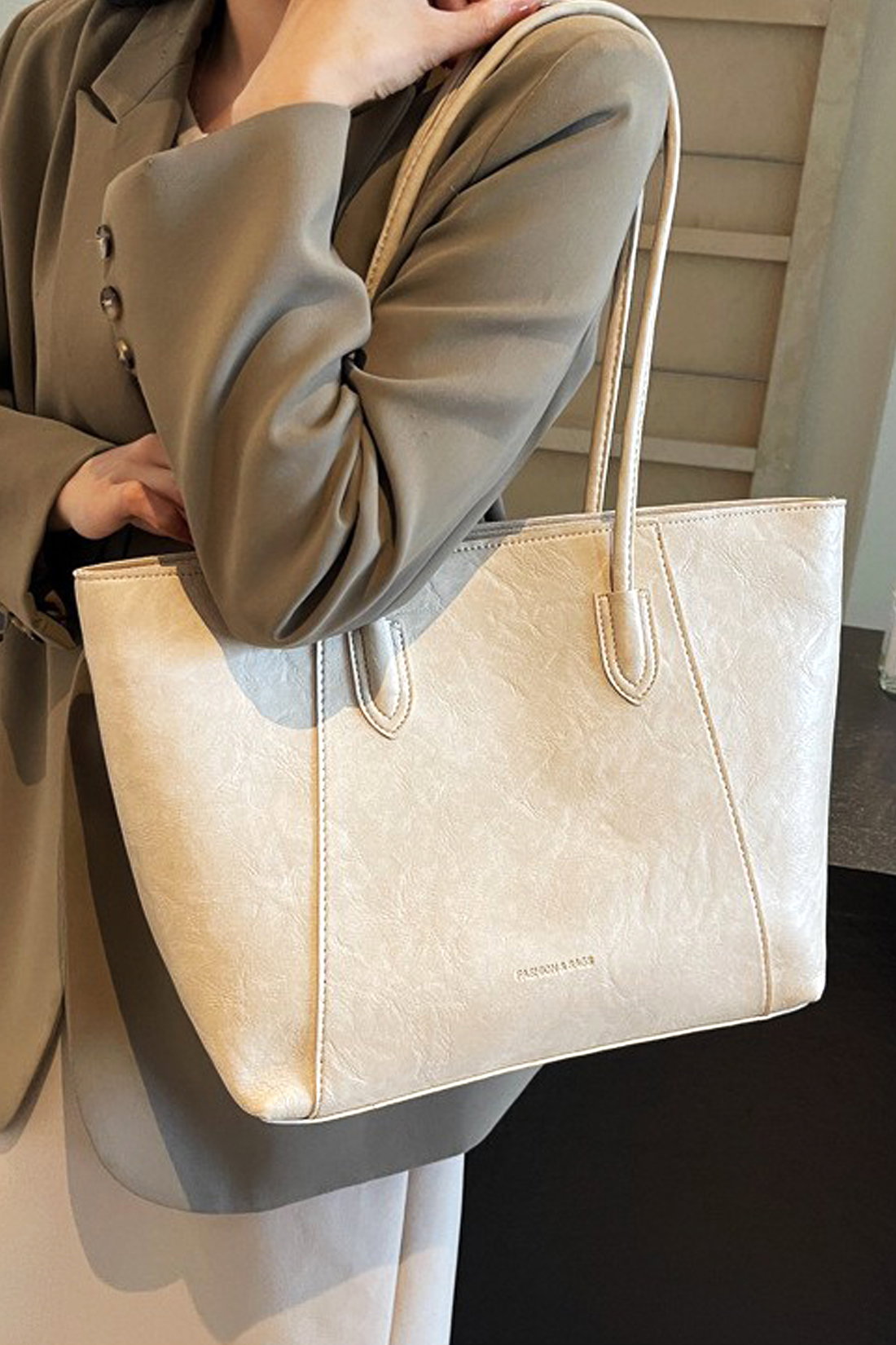 Beige Large Tote Handbag With Shoulder Strap, Image 3 of 4