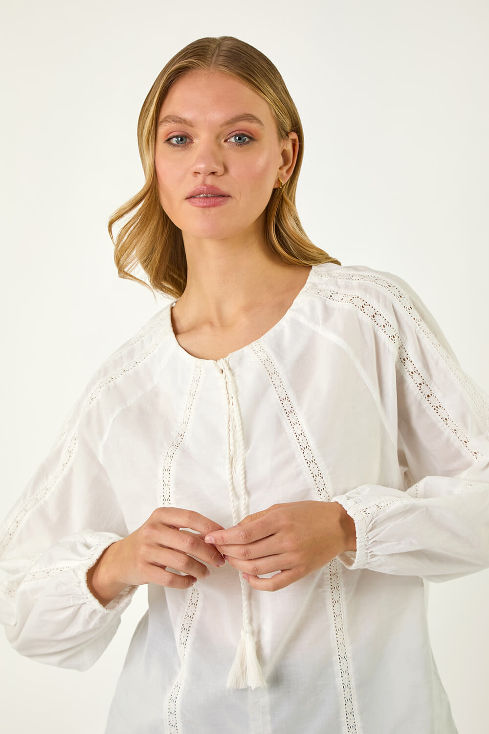 Ivory Lace Trim Tie V-Neck Top, Image 5 of 5