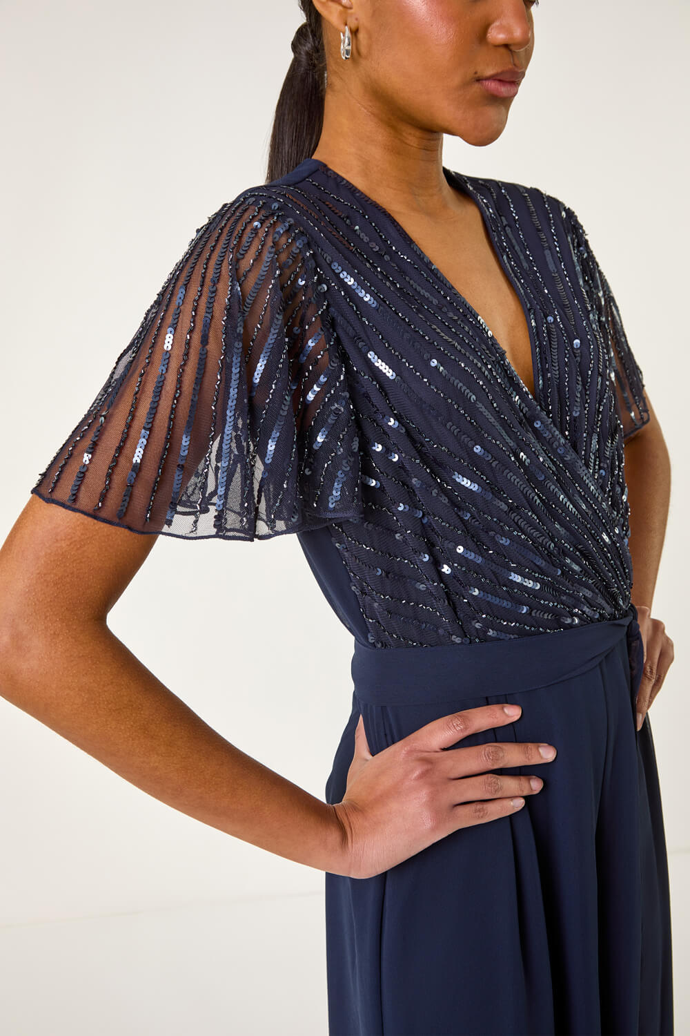 Navy Embellished Beaded V-Neck Jumpsuit, Image 6 of 5