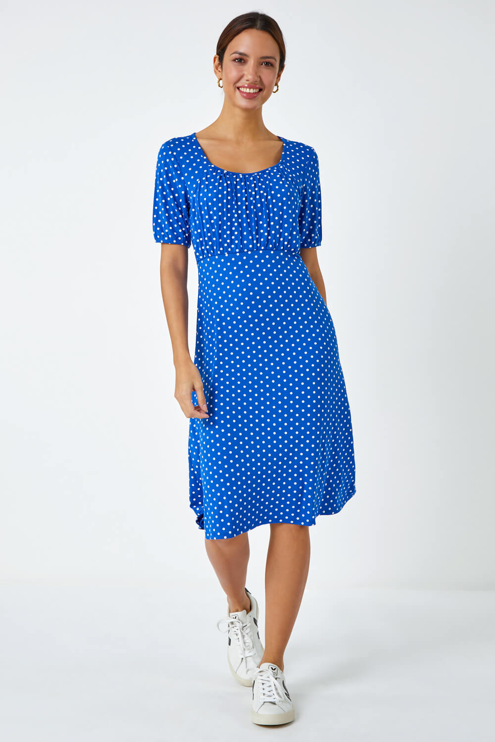 Royal Blue Polka Dot Print Stretch Dress, Image 3 of 5