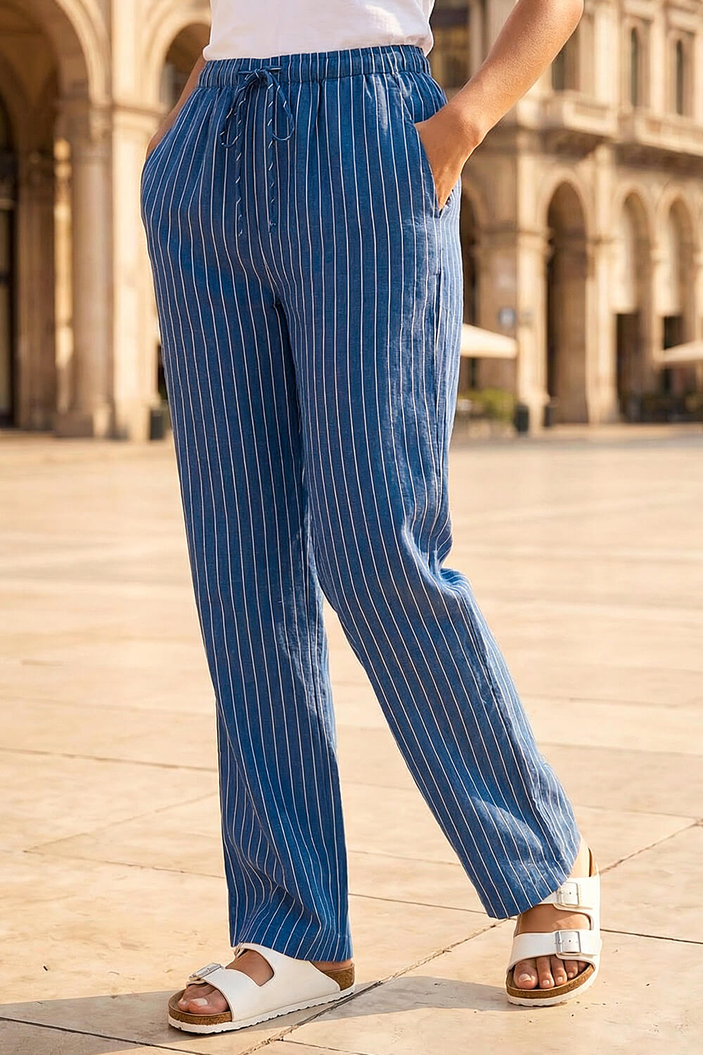 Blue Petite Stripe Pull On Stretch Trouser, Image 1 of 4