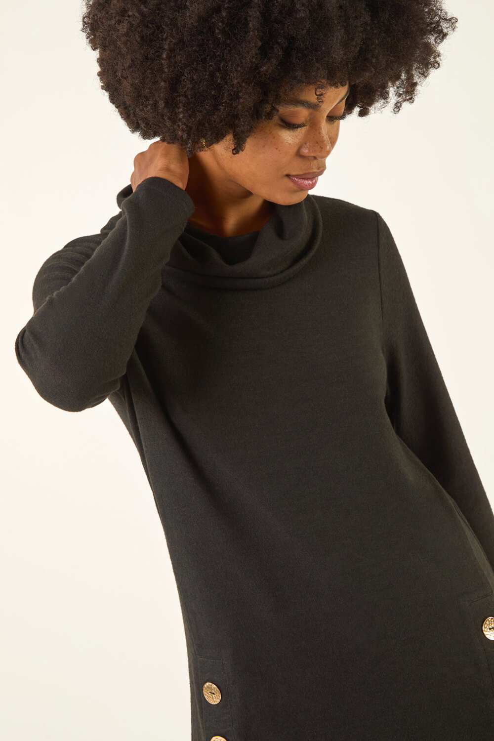 Black Cowl Neck Buttoned Top, Image 5 of 5