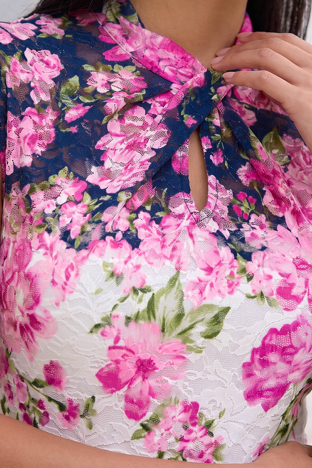 Pink Floral Lace Twist Neck Keyhole Dress, Image 5 of 4