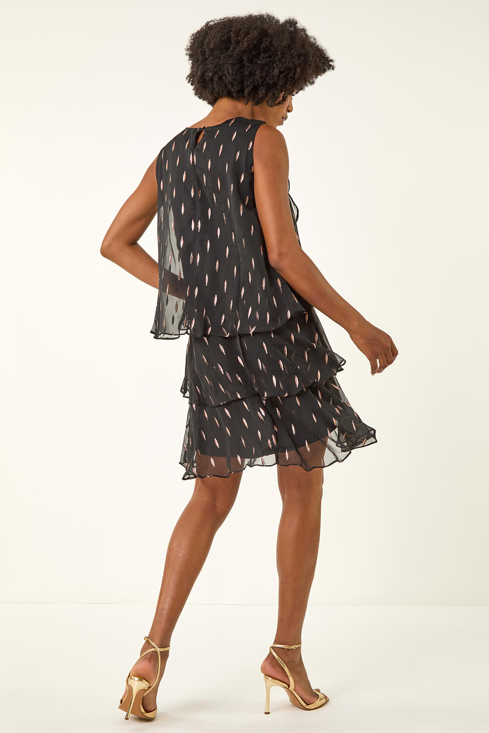 Black Shimmer Foil Print Tiered Dress, Image 5 of 6
