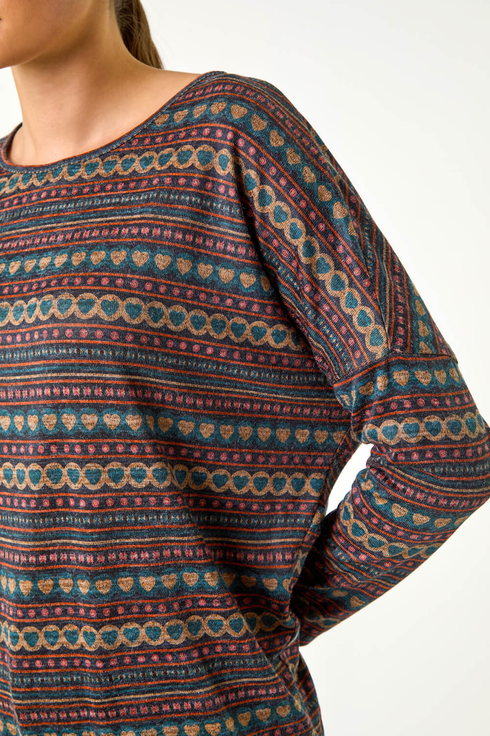 Navy Heart Print Drop Shoulder Stretch Top, Image 6 of 5