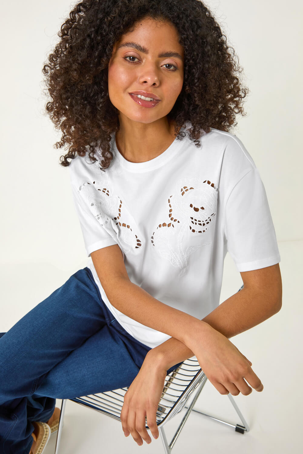 White Dusk Floral Cut Out T-Shirt, Image 1 of 5
