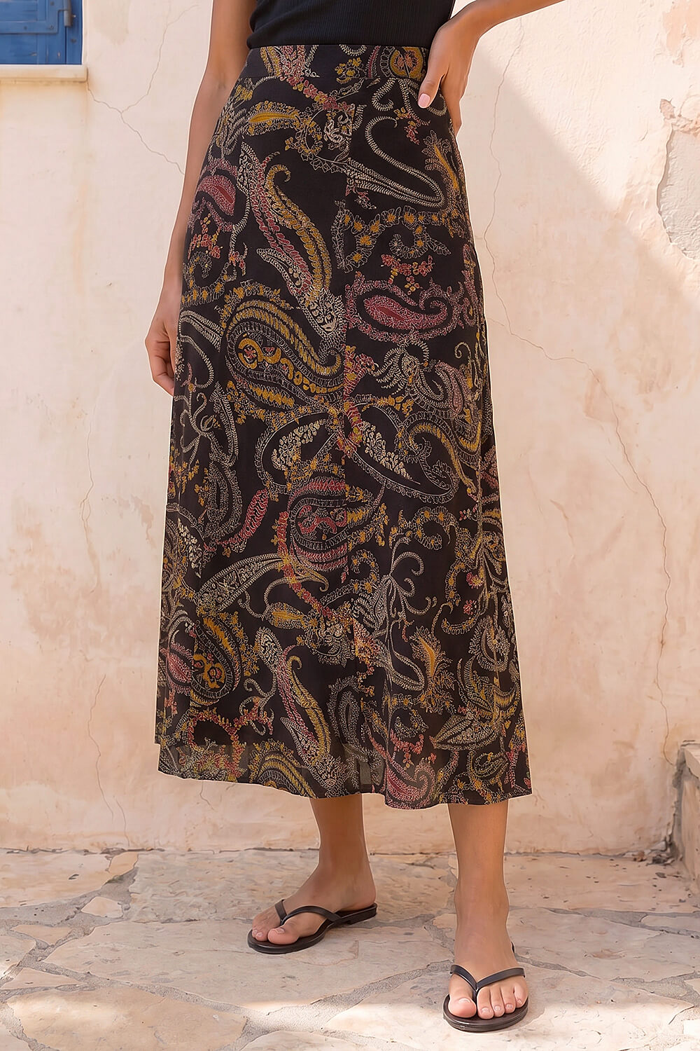 Roman Women's Black Modern Paisley Print Midi Stretch Skirt Size 14