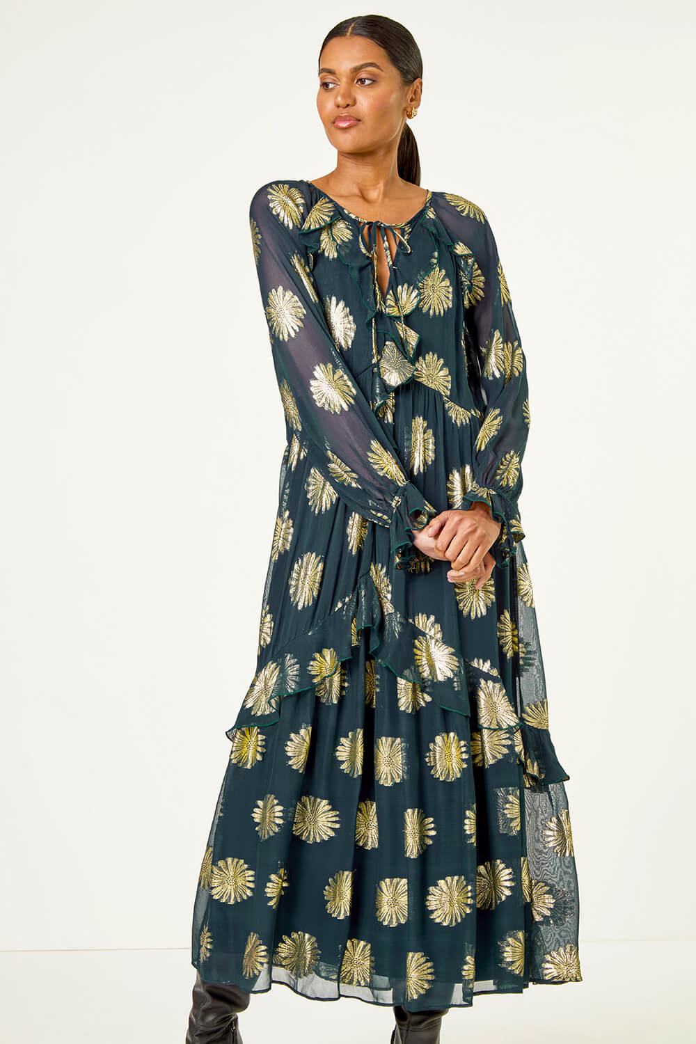 Teal Frill Brocade Midi Dress, Image 5 of 5