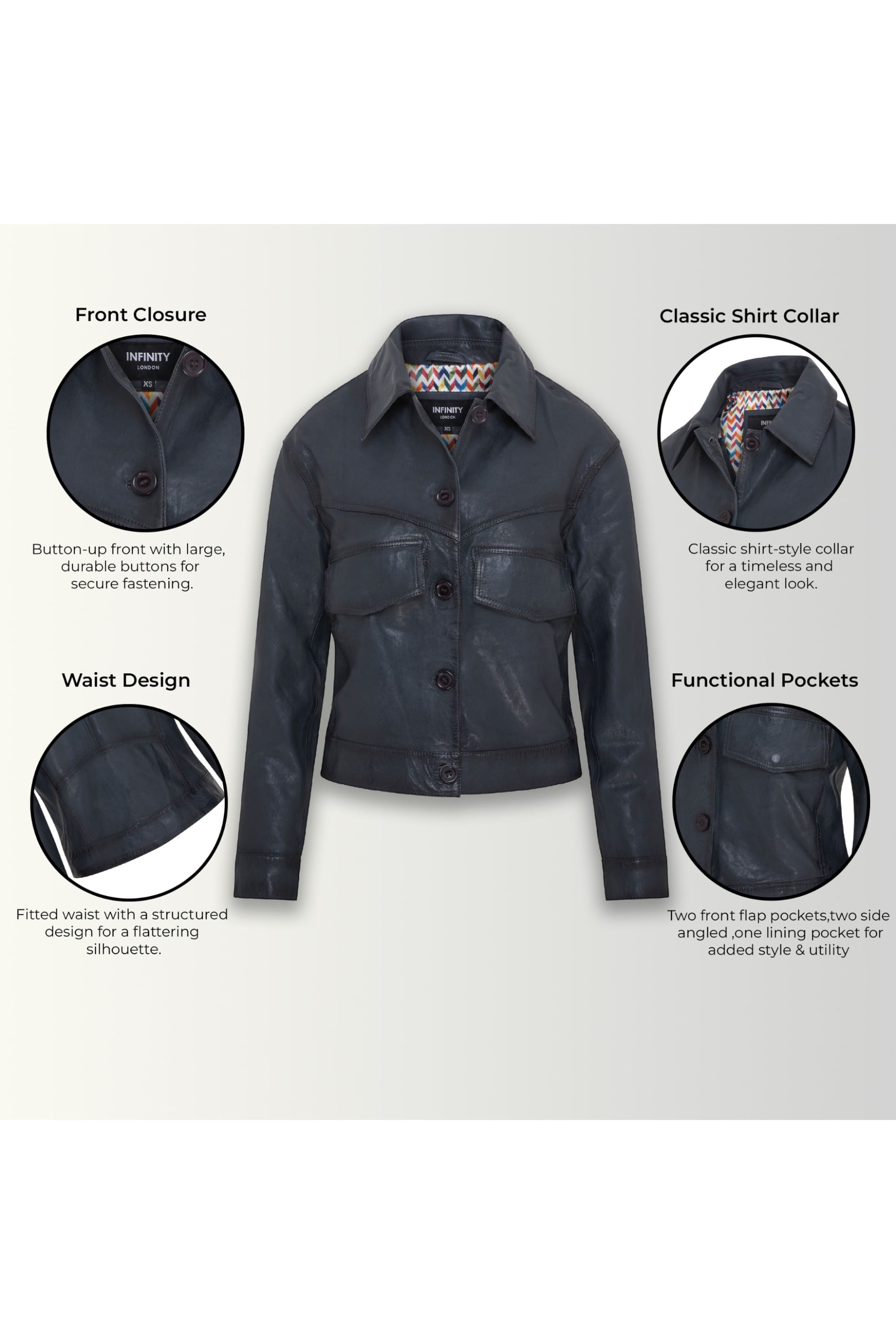 Navy Retro Biker Leather Jacket - Kopervik, Image 3 of 6