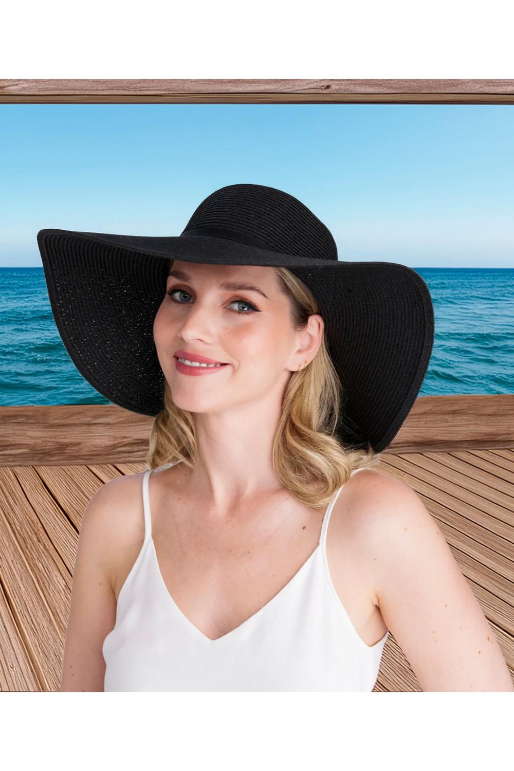 Black Porto - Wide Brim Straw Floppy Hat Black, Image 1 of 2