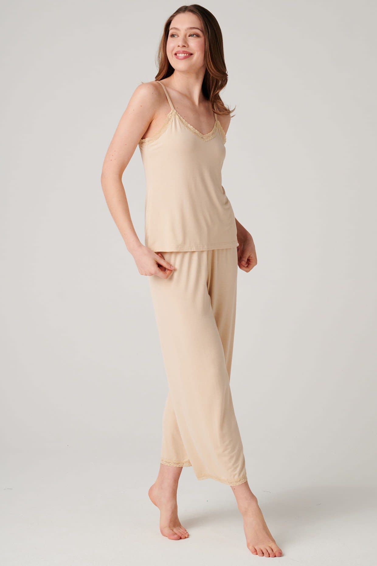 Beige "Soft Sand" Bamboo Lace Camisole Pyjama Set, Image 2 of 6