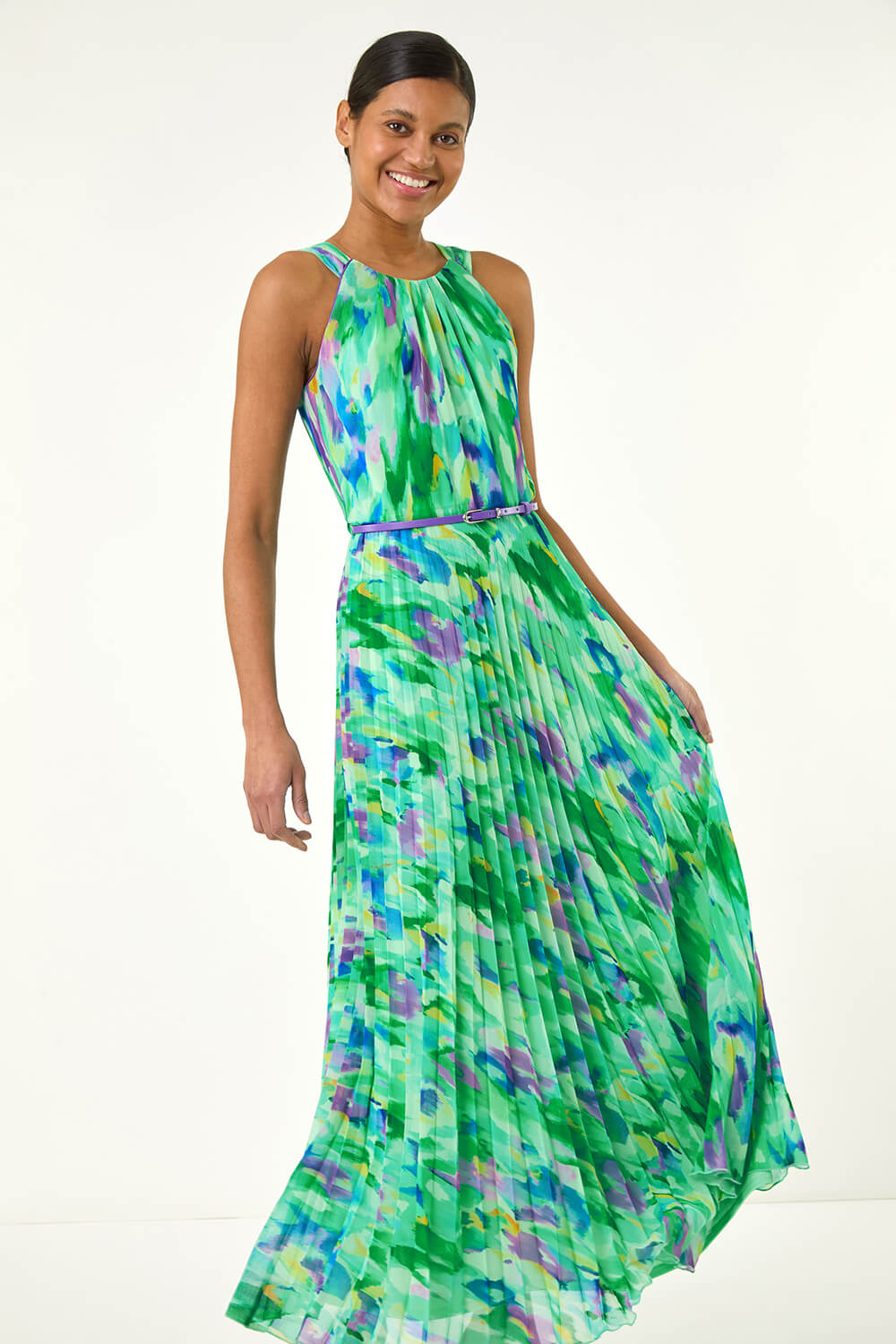 Green Blurred Print Pleated Maxi Dress, Image 3 of 5