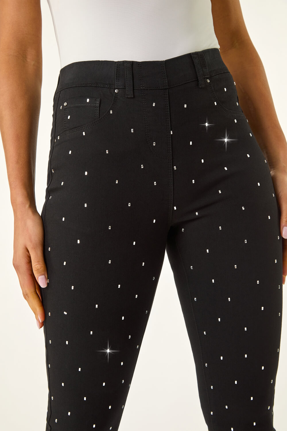 Black Embellished Cropped Stretch Jeggings, Image 6 of 5