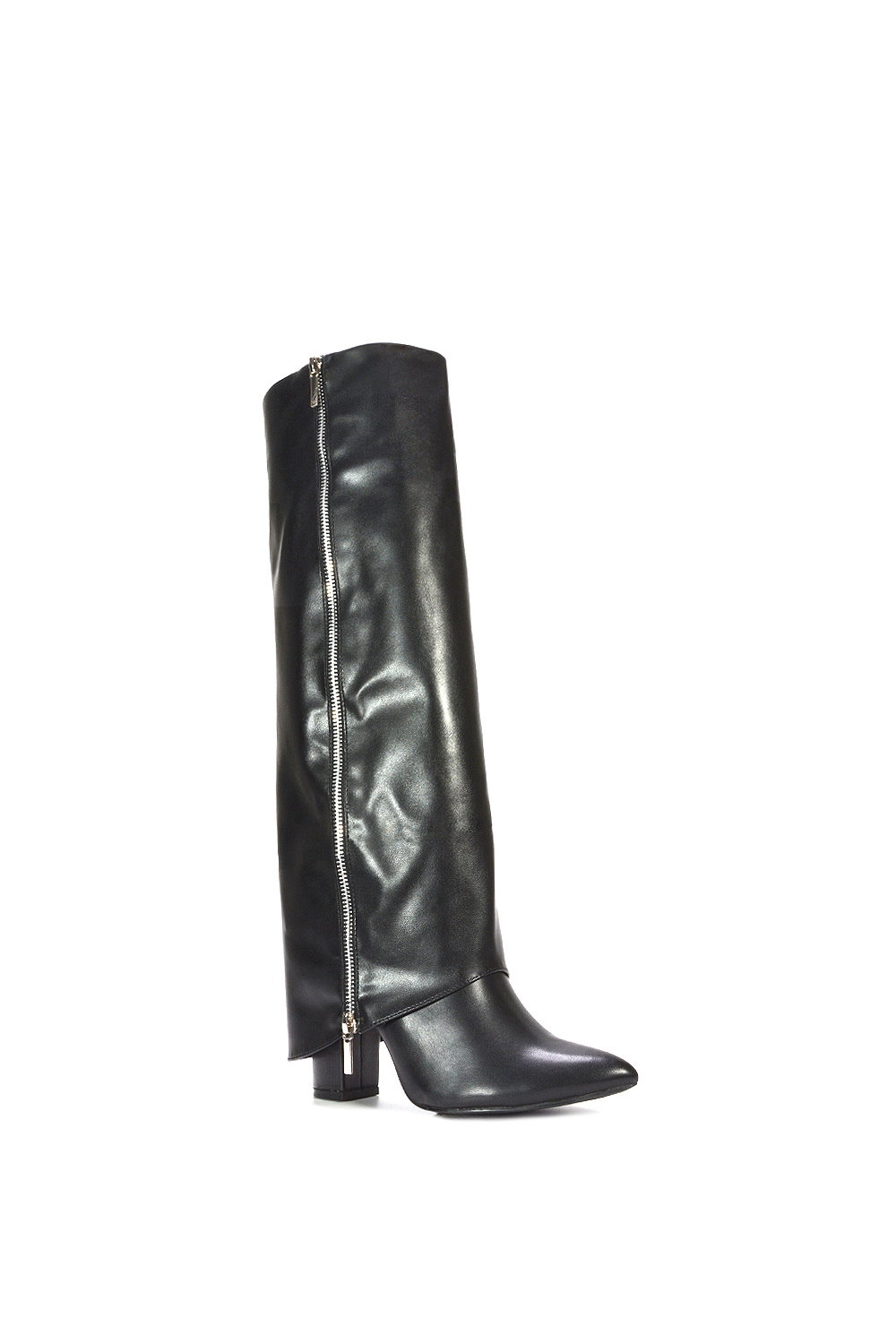 Black 'Allie' Knee High Boots Fold Over Point Toe Deco Zip, Image 2 of 6