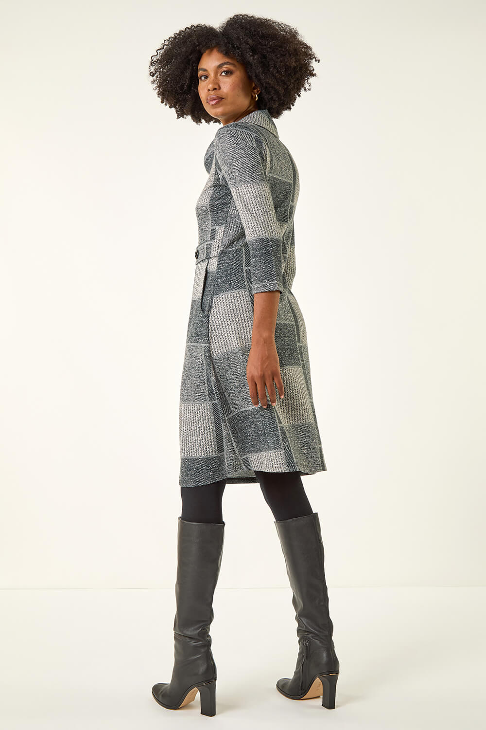 Grey Patchwork Cowl Neck Button Detail Dress, Image 4 of 5