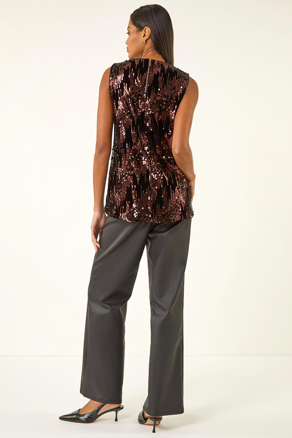 Chocolate Sequin Velvet Notch Neck Top, Image 4 of 5