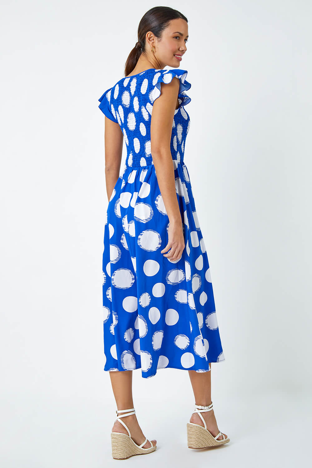 Royal Blue Polka Dot Shirred Stretch Midi Dress, Image 4 of 5