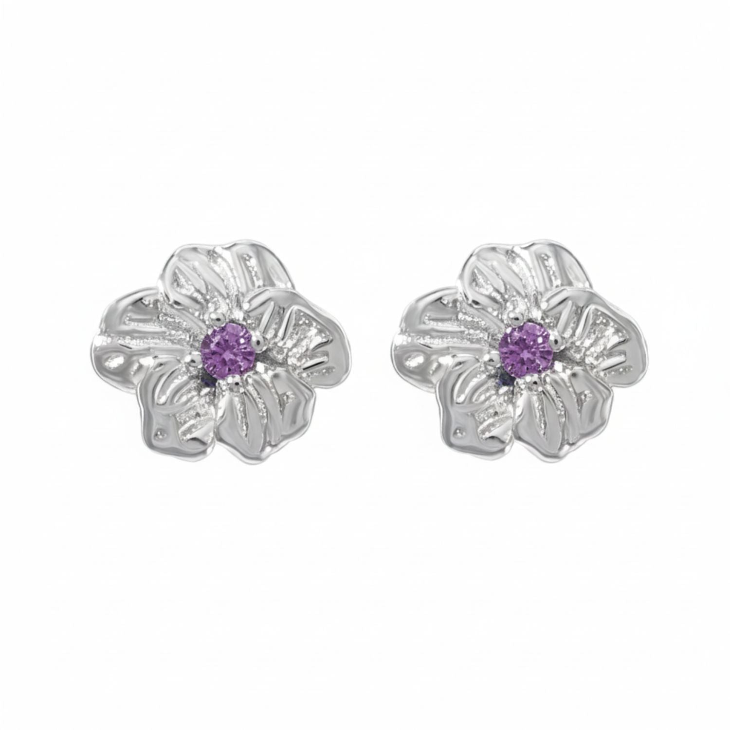 Metallic Amethyst February Birthstone Violet Birthflower Stud Earrings