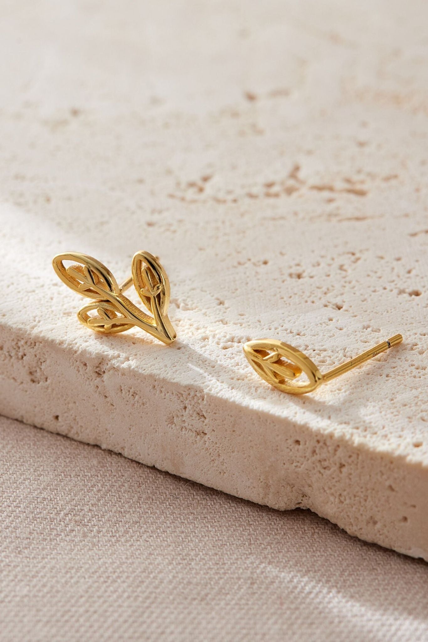 Gold Sterling Silver Olive Leaf Mismatched Studs, Image 3 of 3