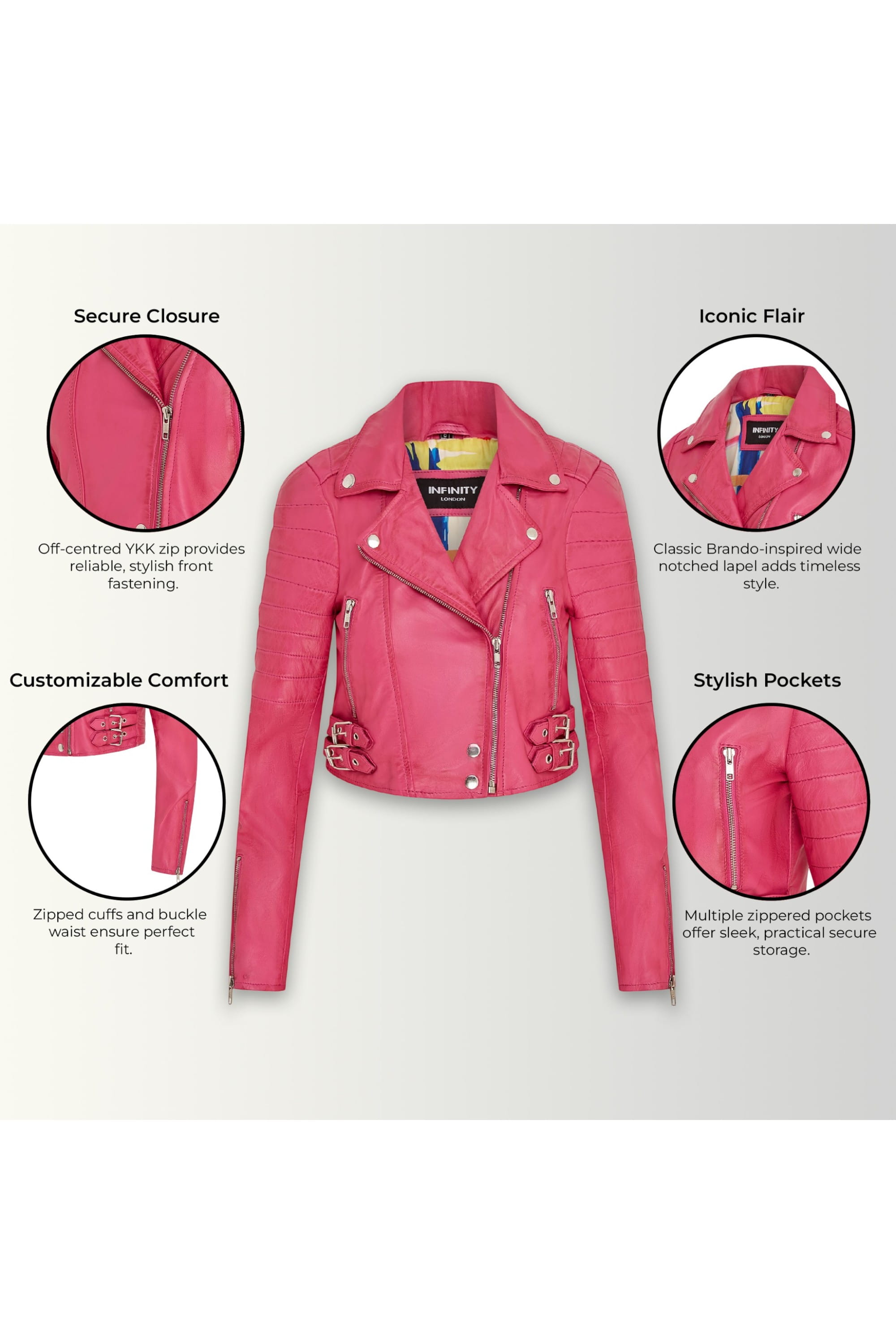 Fuchsia Infinity Leather Fuchsia Cropped Brando Leather Biker Jacket, Image 3 of 7