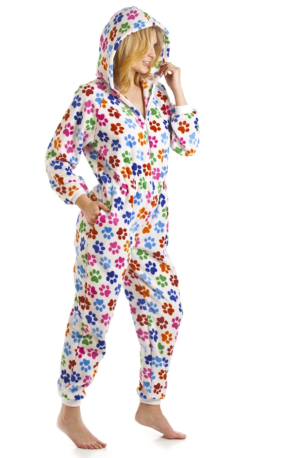 Black All In One Paw Print Hooded Fleece Onesie