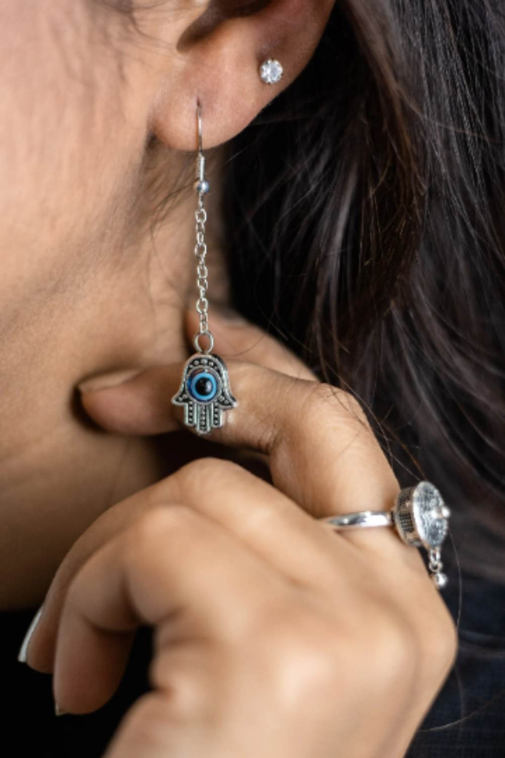Gold Handmade Long Chain Hamsa Hand & Evil Eye Drop Earrings, Image 3 of 3
