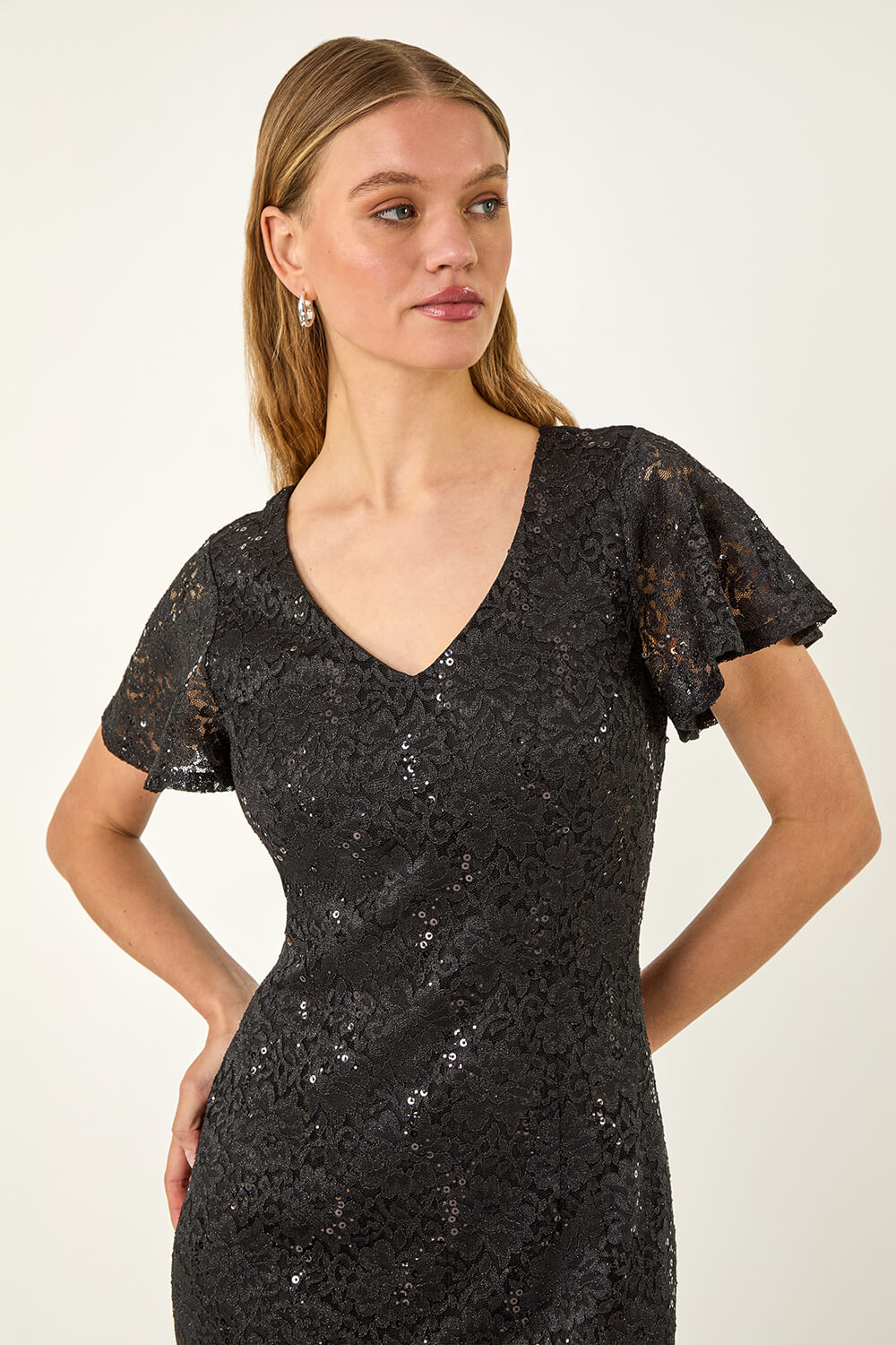 Black Sequin Lace Ruffle Midi Dress, Image 5 of 5