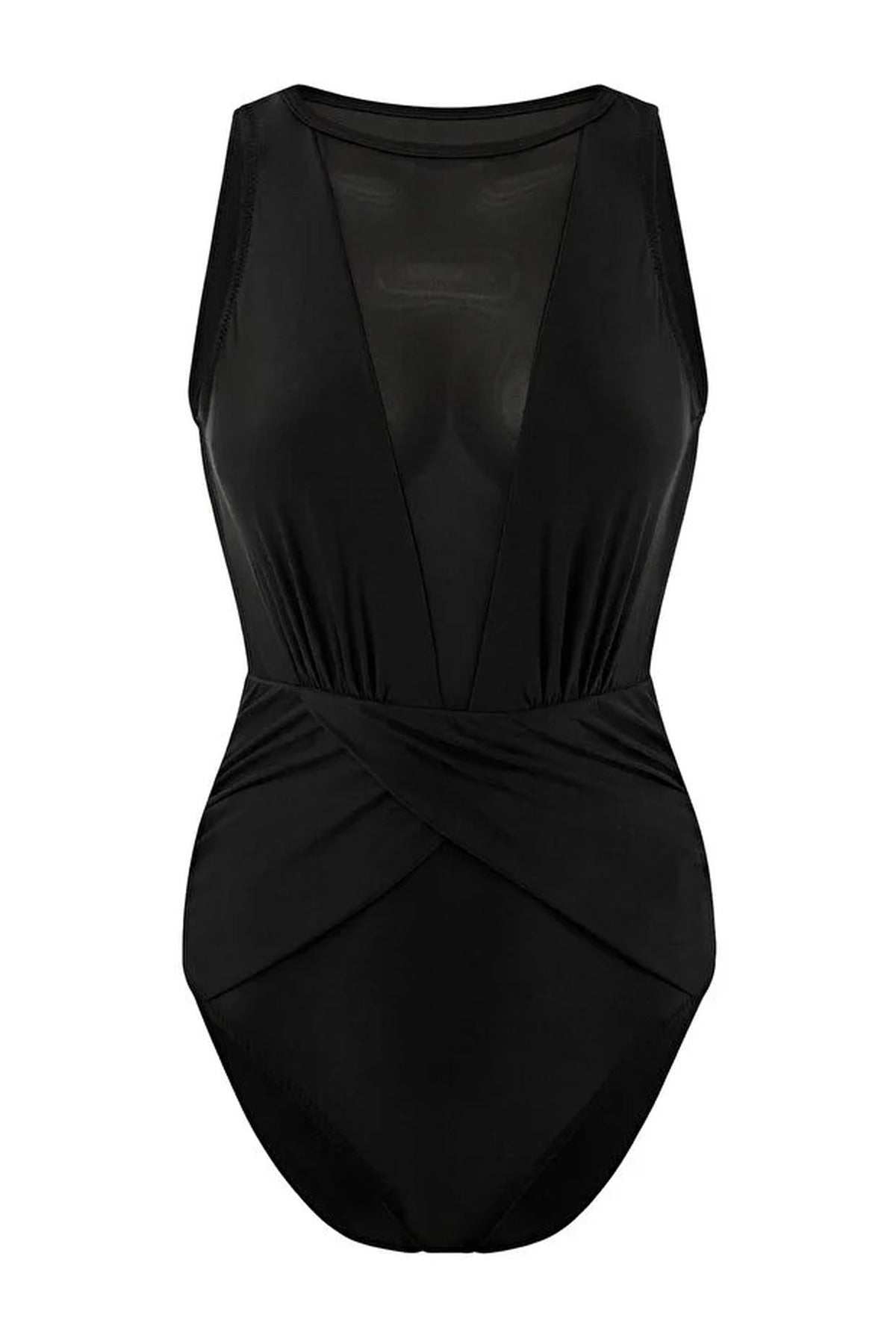 Black WOVCOR Black High Neck Mesh Panel Wrap Detail Swimsuit, Image 2 of 3
