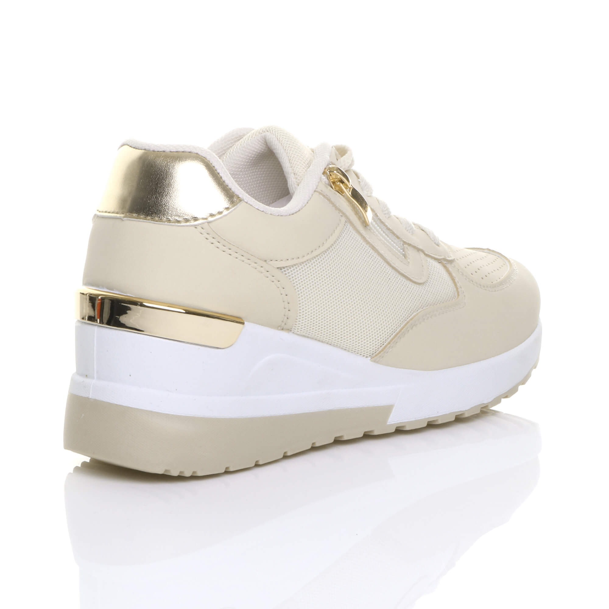 Beige Mid Wedge Heel Lace Up Gold Zip Trainers, Image 4 of 5