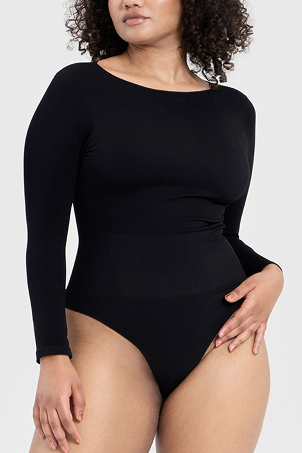 Black Long Sleeve Sculpting Bodysuit Fit, Image 4 of 5