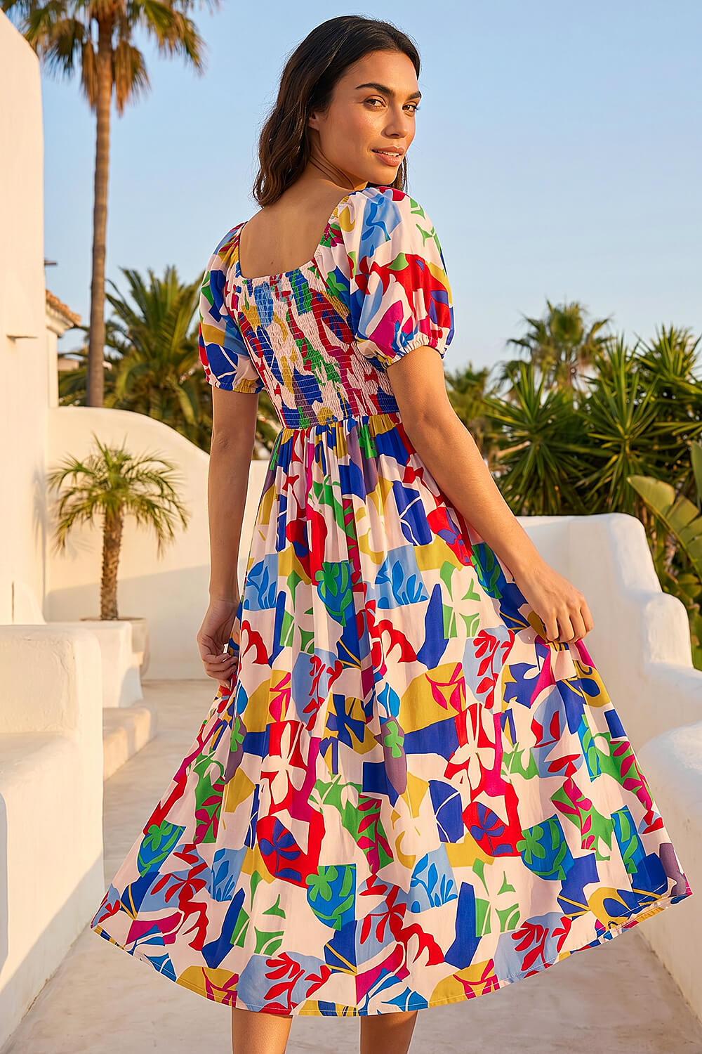 Multi Abstract Print Shirred Midi Dress, Image 3 of 4