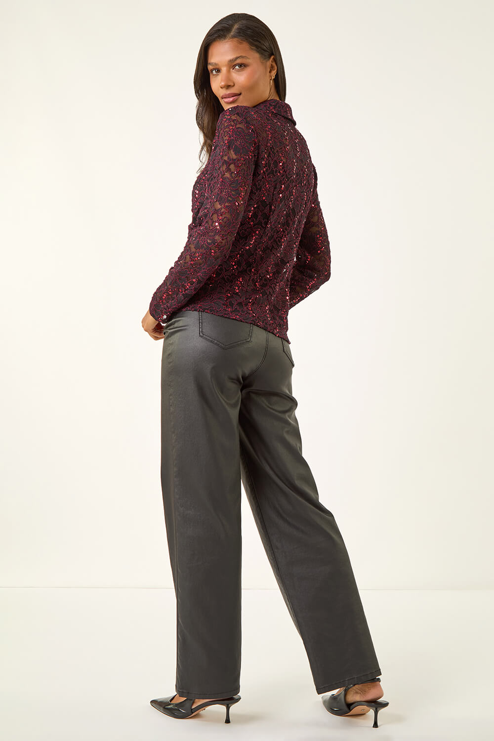 Wine Sparkly Lace Collared Blouse, Image 4 of 5