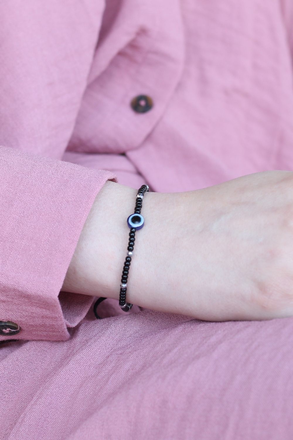 Black Adjustable Evil Eye Beaded Bracelet, Image 2 of 4