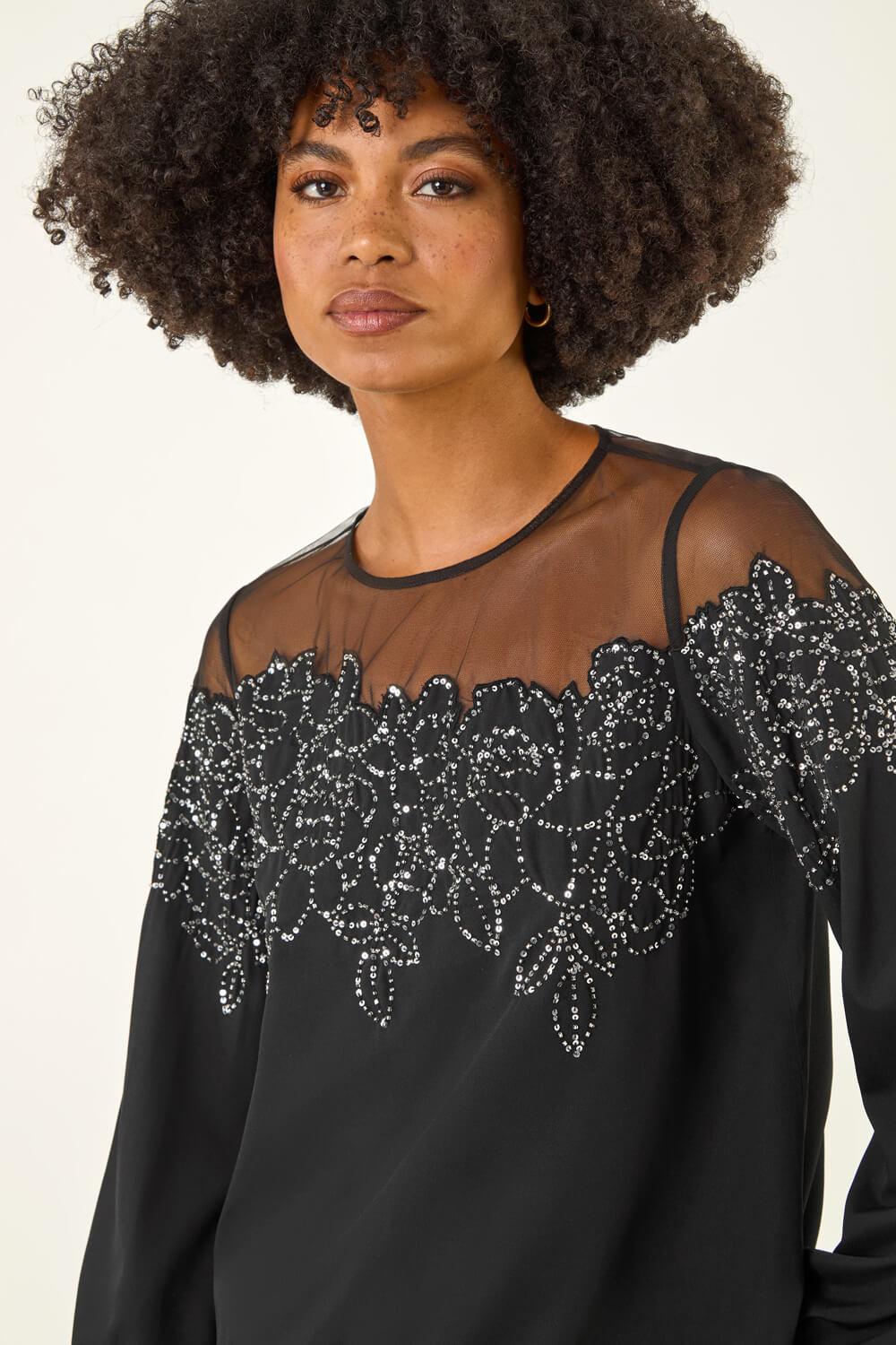 Black Sequin Detail Bubble Hem Top, Image 6 of 6