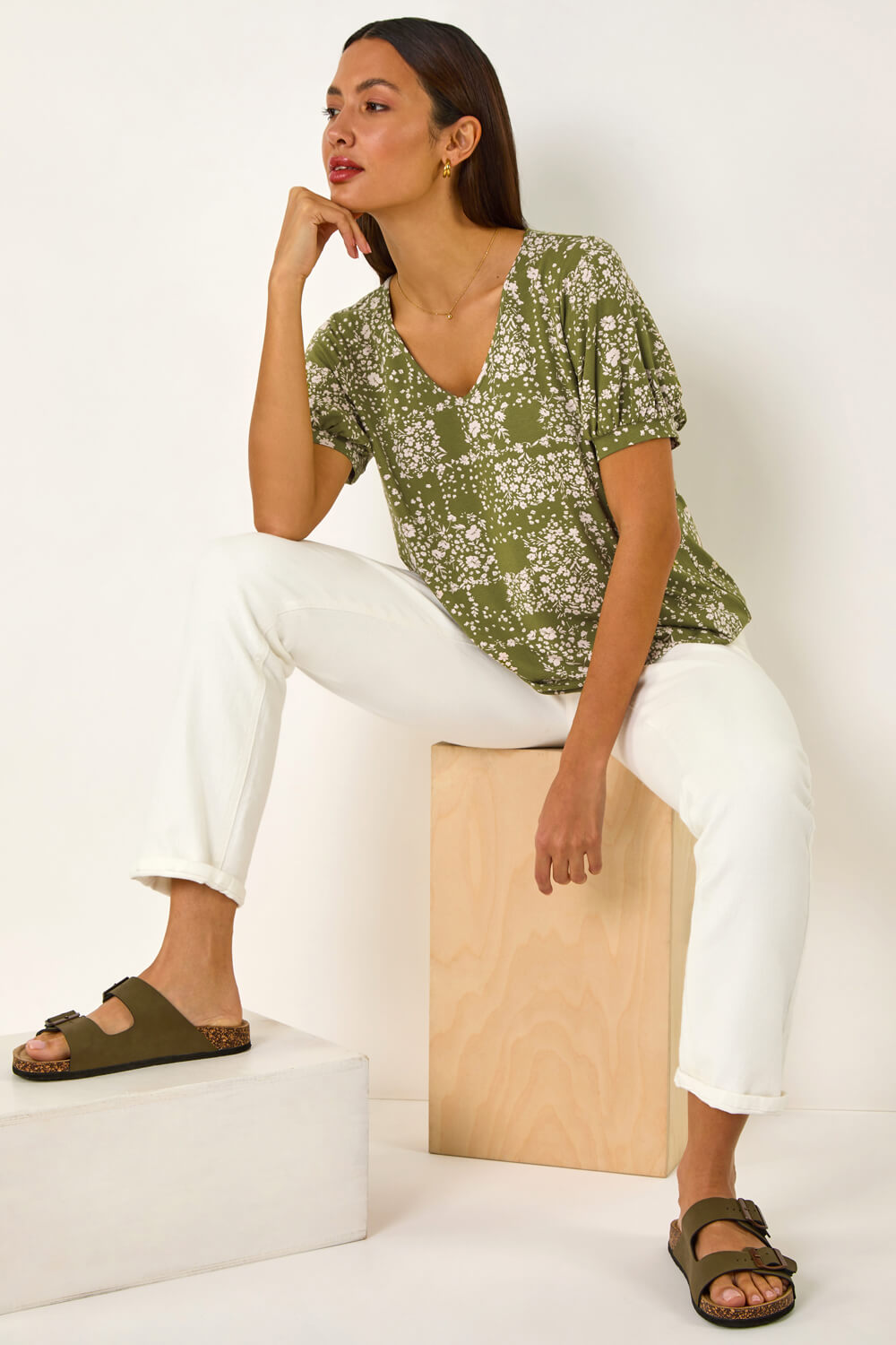 KHAKI Floral Print Bubble Hem Top, Image 1 of 5