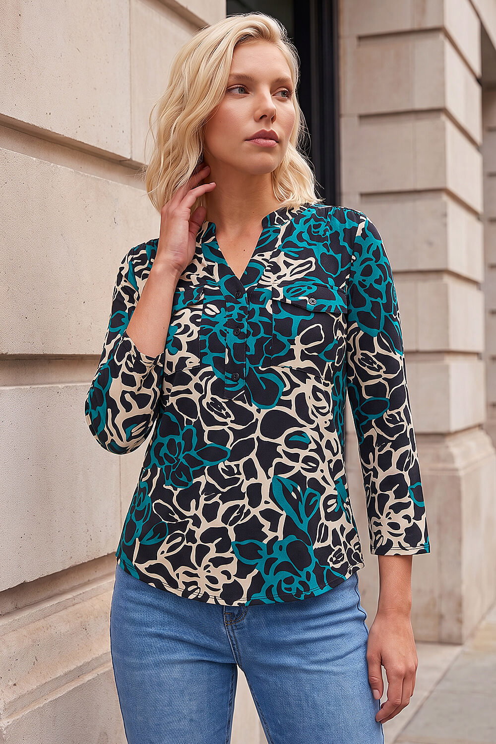 Roman Petite Women's Black Abstract Print Button Top Size 14