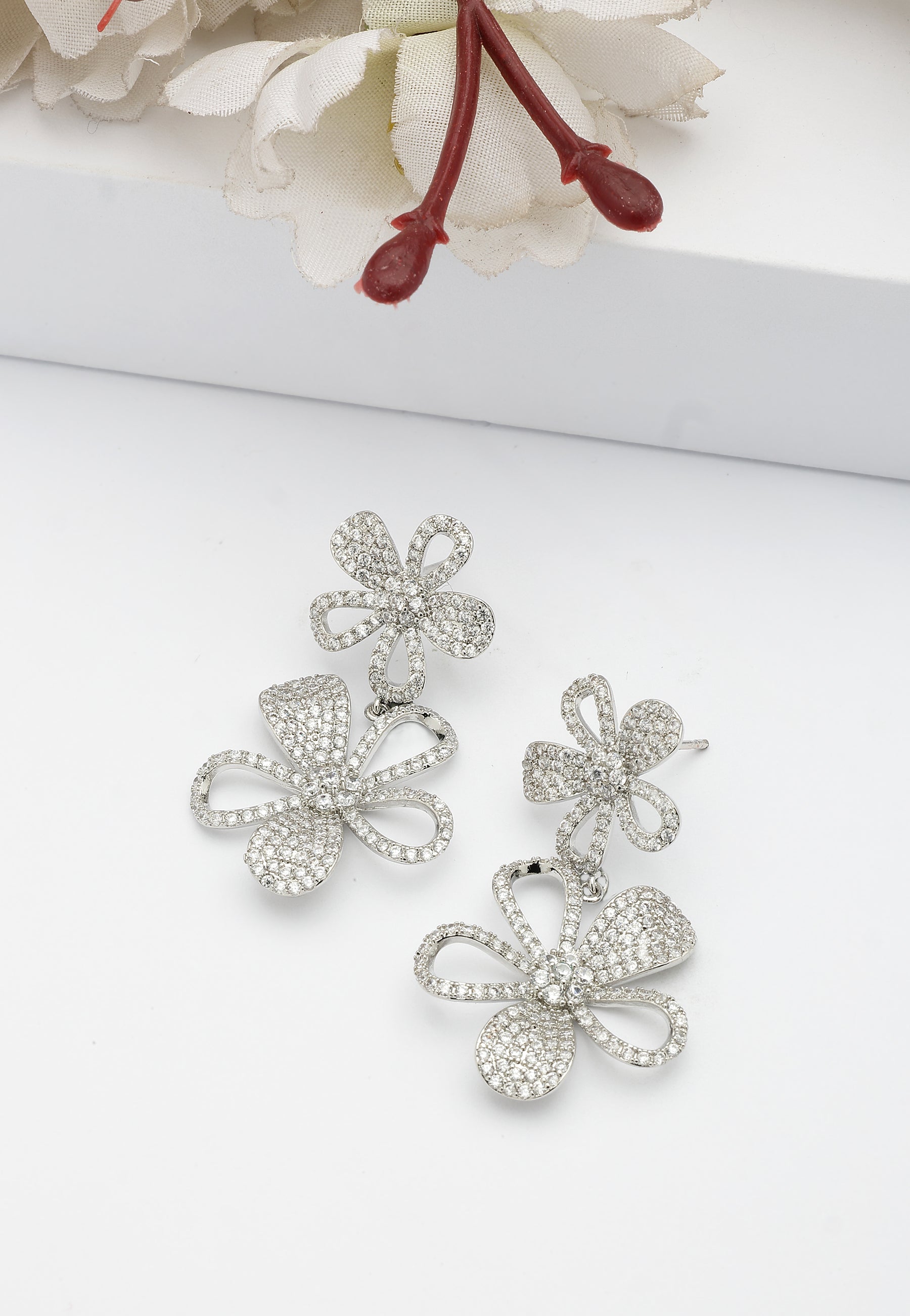 Silver Double Floral Drop Earrings, Image 2 of 5