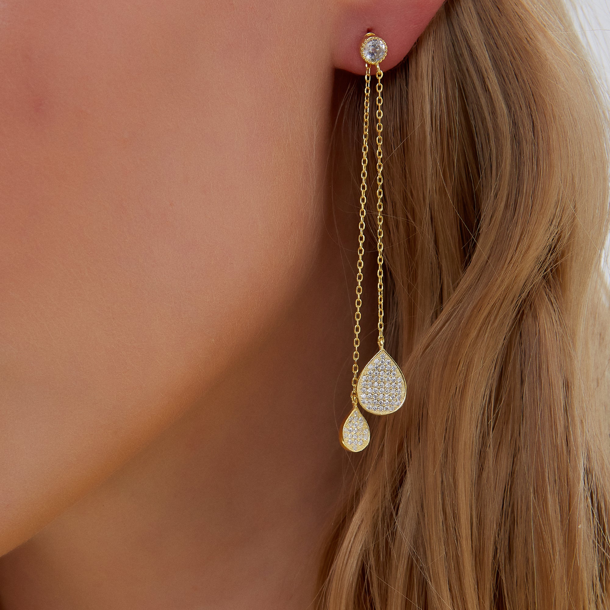 Gold Raindrop Sterling Silver Chain Drop Earring, Image 3 of 5