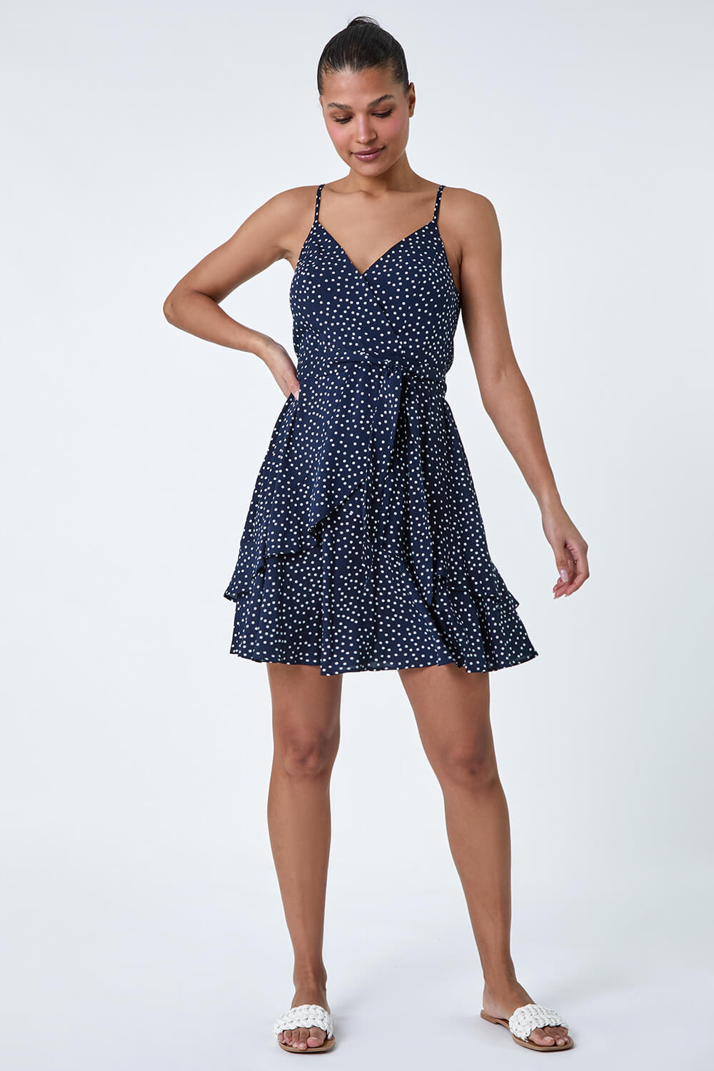 Maria Frill Trim Polka Dot Dress White